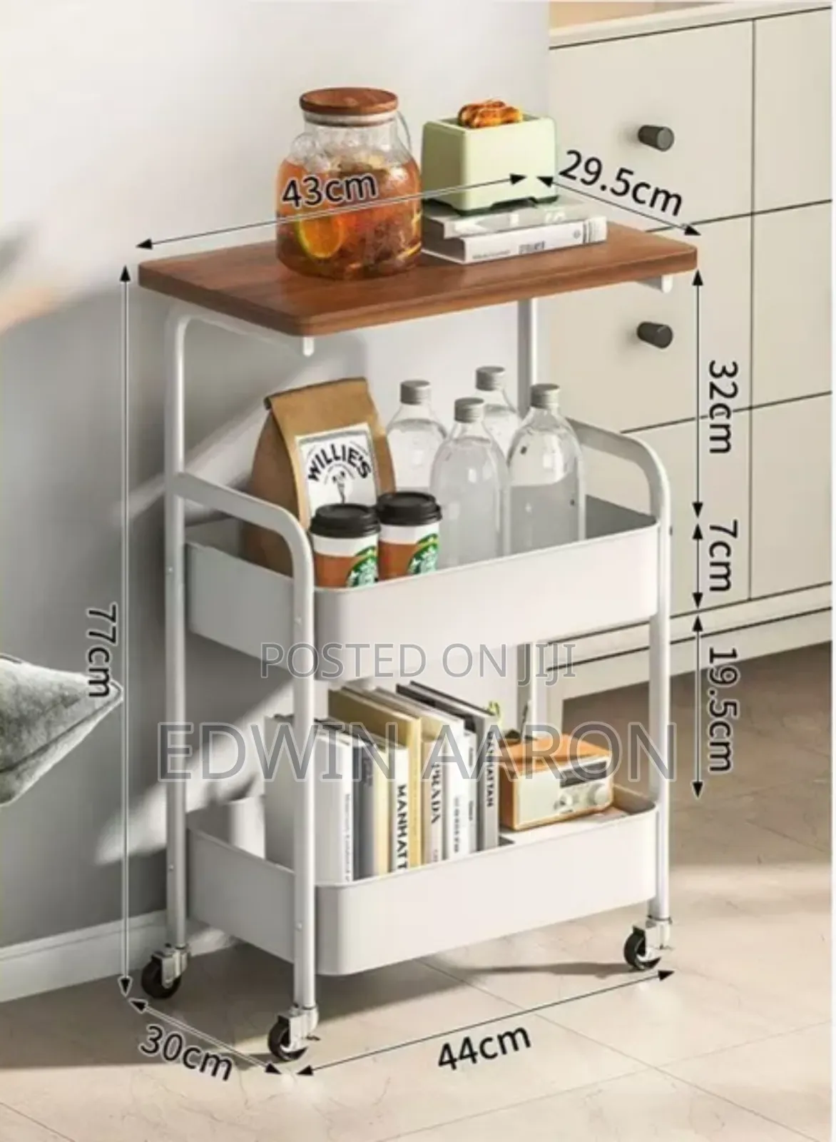3 Tier Rolling Utility Cart With Wooden Top, Metal Storage Organizer