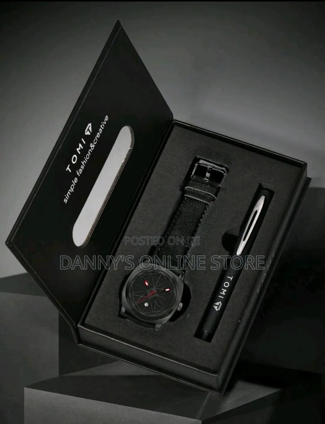 Geometric Large Dial Leather Strap Calendar Wristwatch With Brand Pen.
