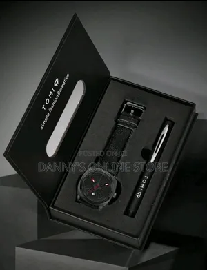 Geometric Large Dial Leather Strap Calendar Wristwatch With Brand Pen.