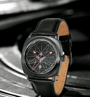 Geometric Large Dial Leather Strap Calendar Wristwatch With Brand Pen.