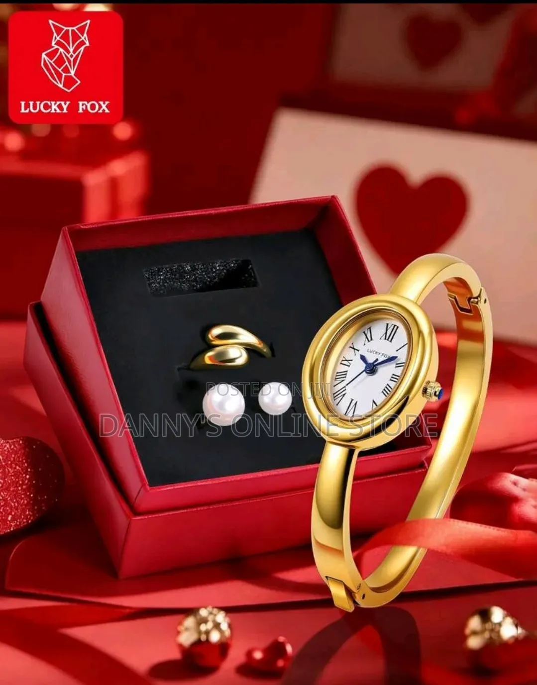 LUCKYFOX Boxed Ins Style Premium Women's Watch Gift Set, Gold Round.