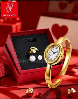 LUCKYFOX Boxed Ins Style Premium Women's Watch Gift Set, Gold Round.