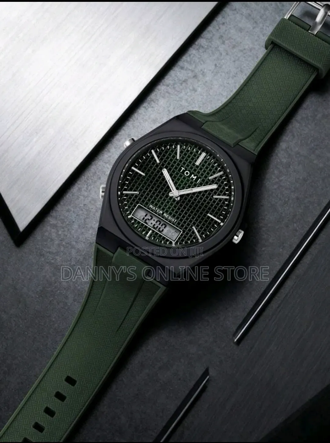 TOMI Men's Dual Display Grid Dial Silicone Waterproof Quartz Watch.