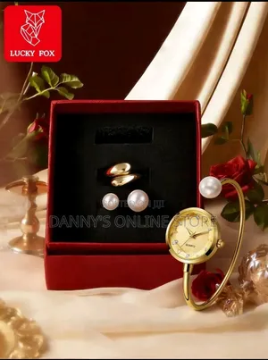 LUCKYFOX Boxed Premium Women's Watch Gift Set, Gold Round.