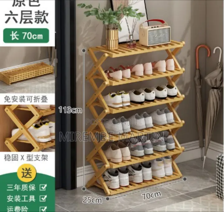 6-Layer Foldable Bamboo Shoe Rack With a Natural Wood Finish,