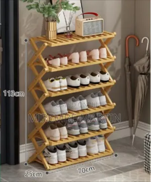 6-Layer Foldable Bamboo Shoe Rack With a Natural Wood Finish,