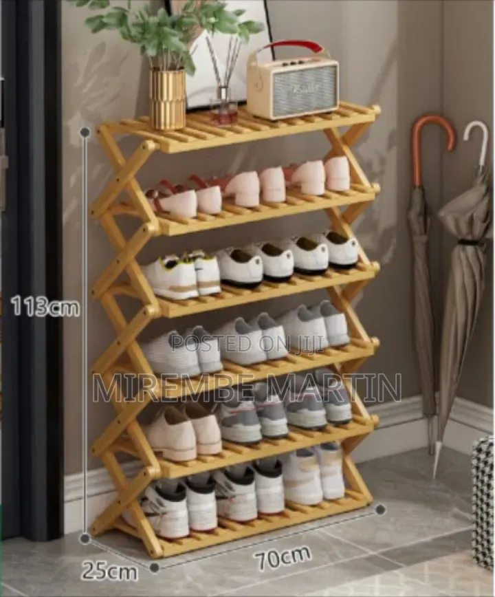 6-Layer Foldable Bamboo Shoe Rack With a Natural Wood Finish,