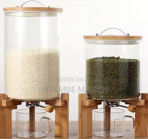 Glass Grain Dispenser Featuringa Natural Bamboo Lid and a Wooden Stand