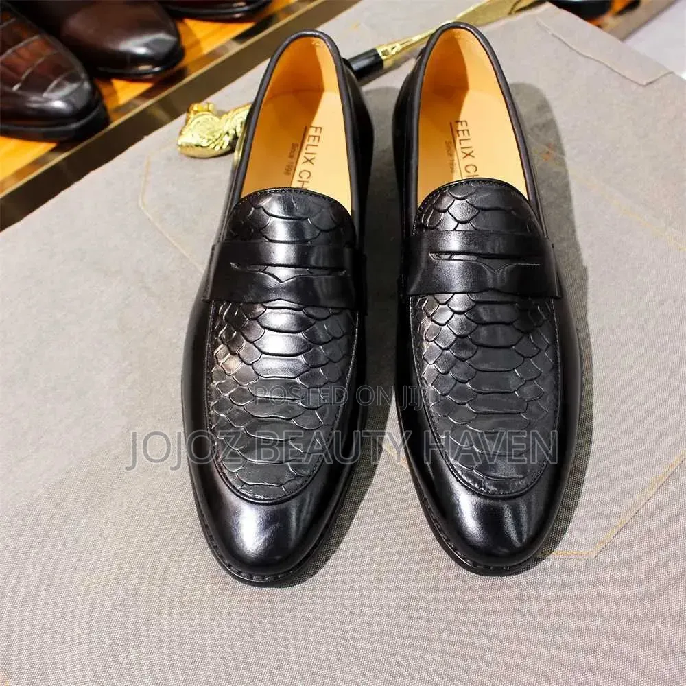 Men's Black Snake-Print Penny Loafers