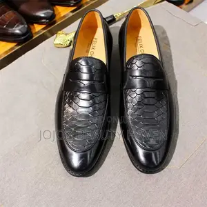 Men's Black Snake-Print Penny Loafers