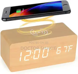 Wooden Digital Alarm Clock With Wireless Charging Station