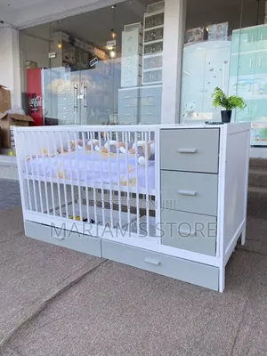 White and Grey Convertible Baby Crib Bed With Drawers