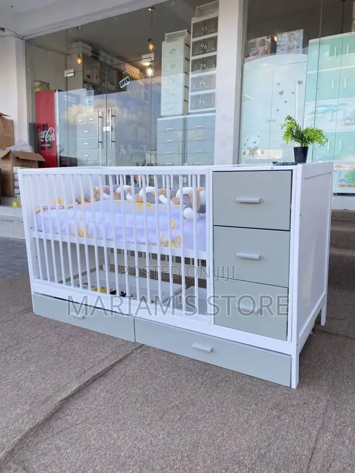White and Grey Convertible Baby Crib Bed With Drawers