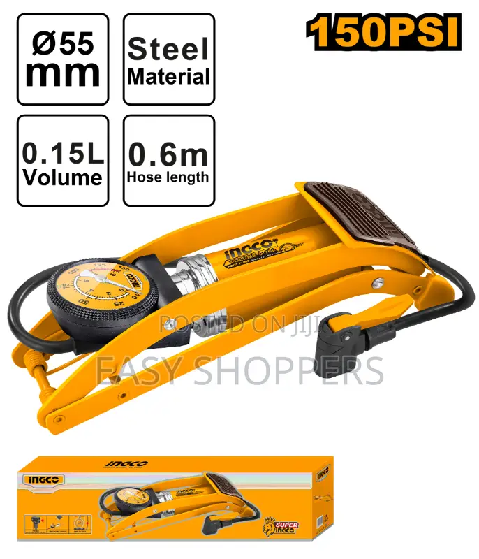 INGCO Foot Pump Compact, Steel-Bodied Manual Air Pump
