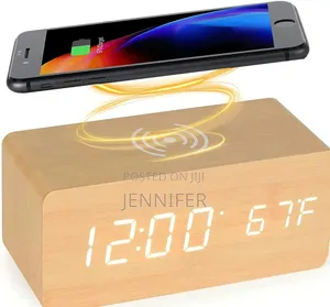 Wooden Digital Alarm Clock With Wireless Charging Station