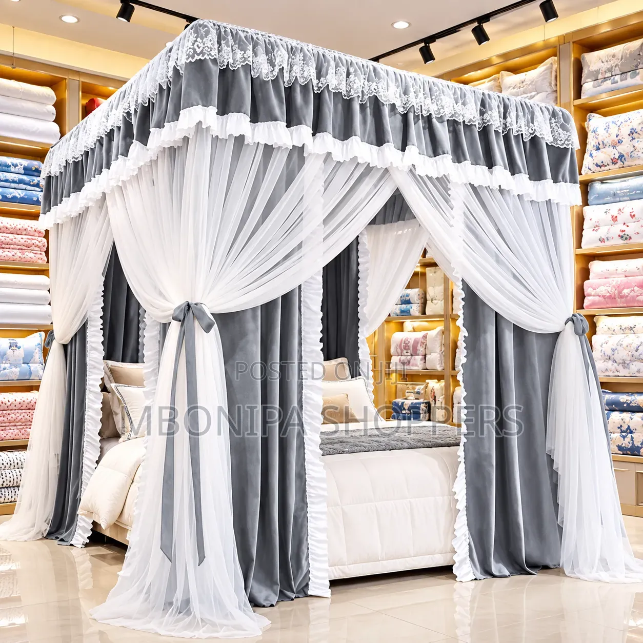 Luxury Grey White Canopy Bed Curtain Set With Elegant Lace Draping