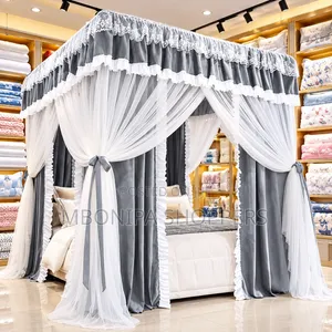 Luxury Grey White Canopy Bed Curtain Set With Elegant Lace Draping