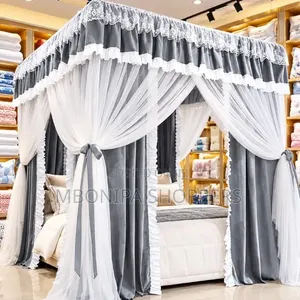 Luxury Grey White Canopy Bed Curtain Set With Elegant Lace Draping