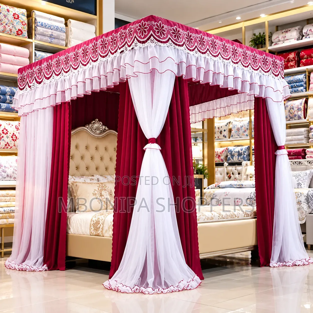 Luxury 4-Poster Bed Canopy With Burgundy White Lace Curtains