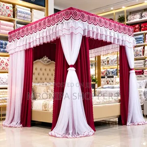 Luxury 4-Poster Bed Canopy With Burgundy White Lace Curtains