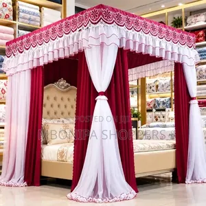 Luxury 4-Poster Bed Canopy With Burgundy White Lace Curtains