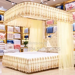 Luxury Cream 2-Poster Bed Canopy With Embroidered Lace Bedding Set
