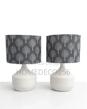 Pair of Modern Ceramic Table Lamps White Base Grey Tree Shade.