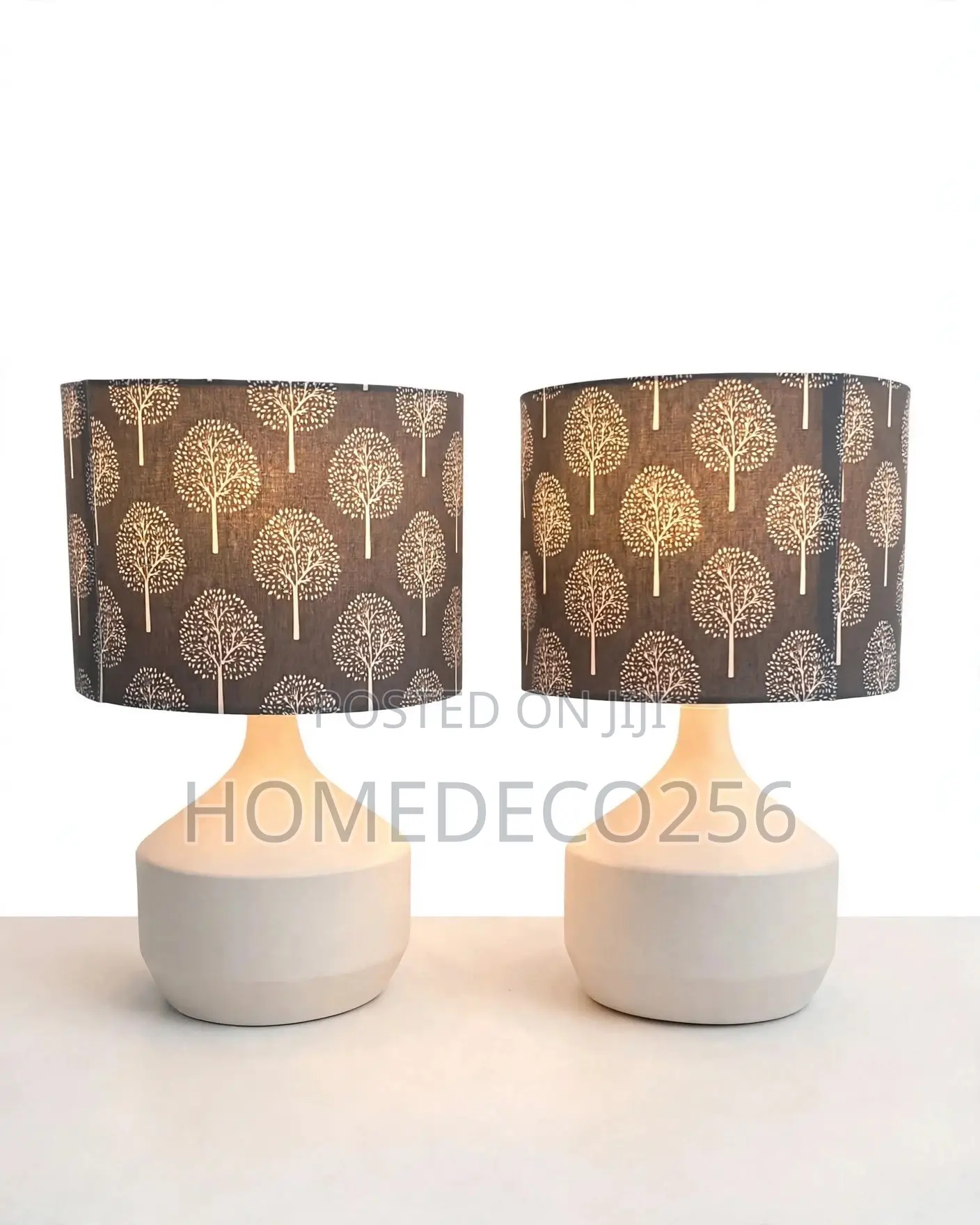 Pair of Modern Ceramic Table Lamps White Base Grey Tree Shade.