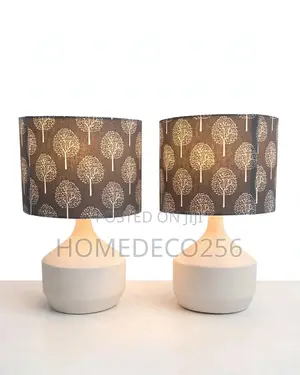 Pair of Modern Ceramic Table Lamps White Base Grey Tree Shade.