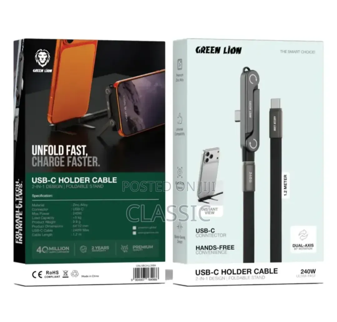 Green Lion 2-in-1 USB-C Holder Cable 240W 1.2m