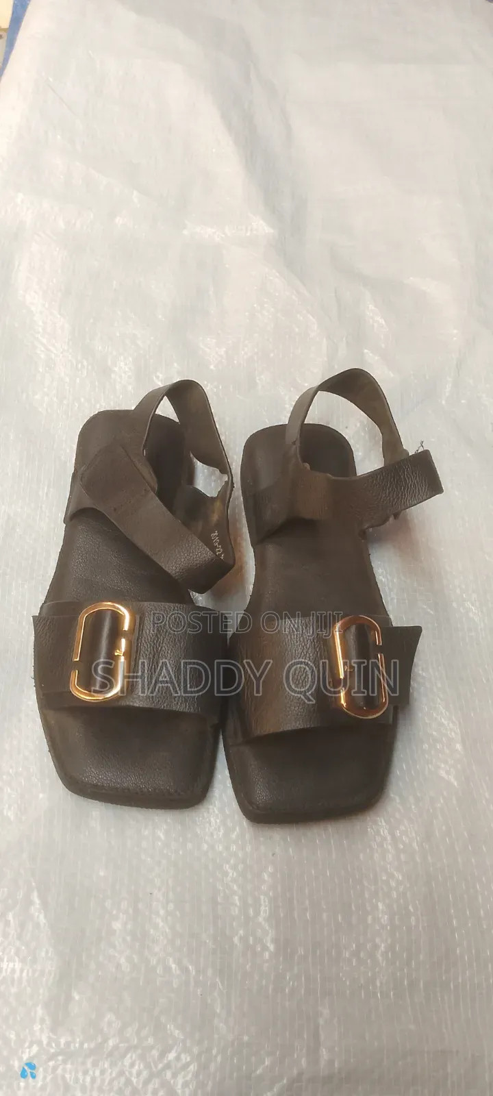Gold Buckle Black Ladies Flat Sandals