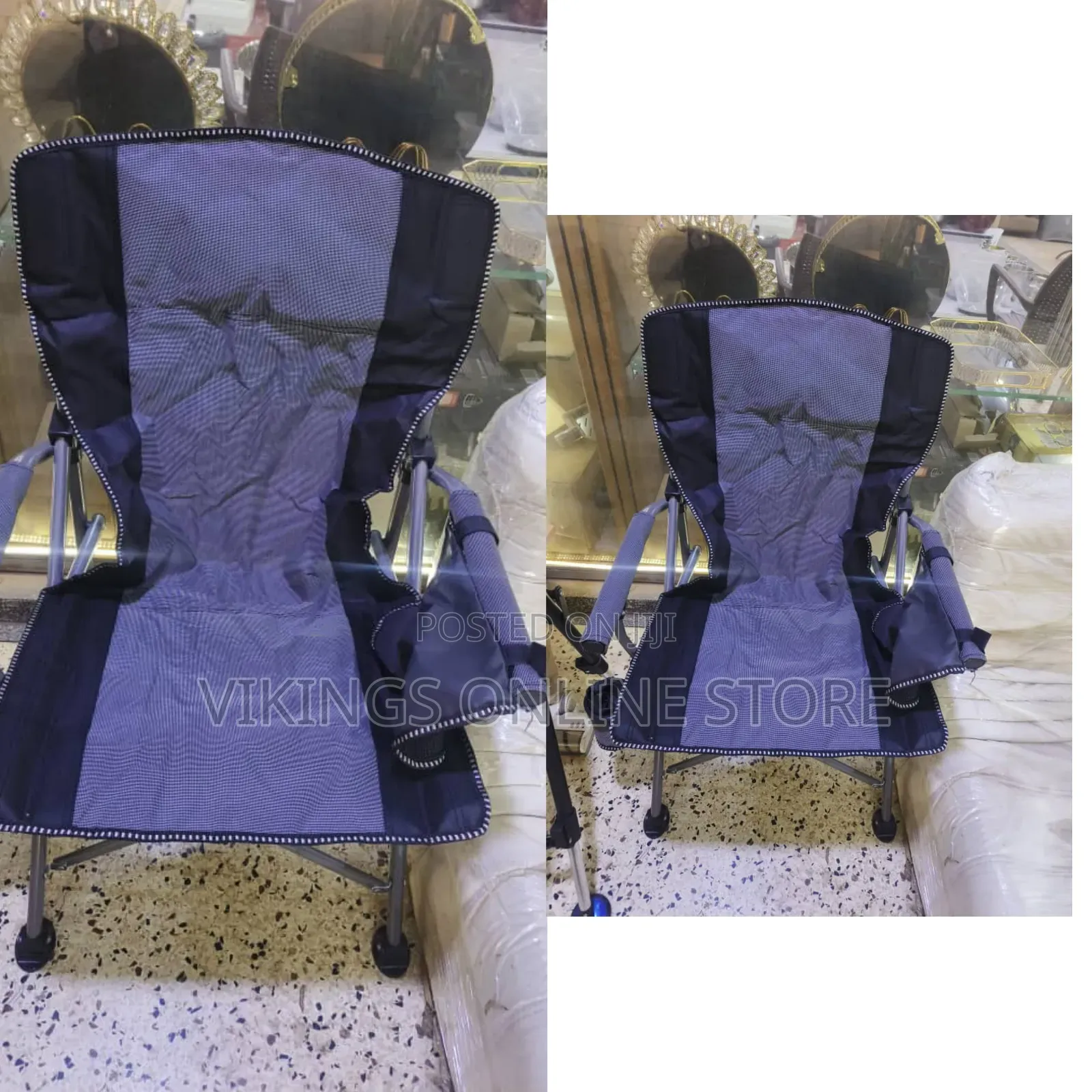 A Foldable Portable Camping Chair With a Blue and Black Fabric