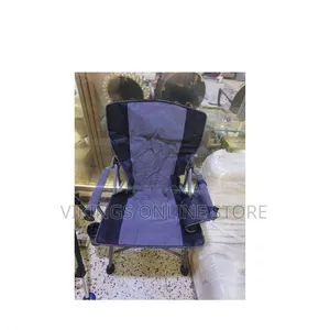 A Foldable Portable Camping Chair With a Blue and Black Fabric