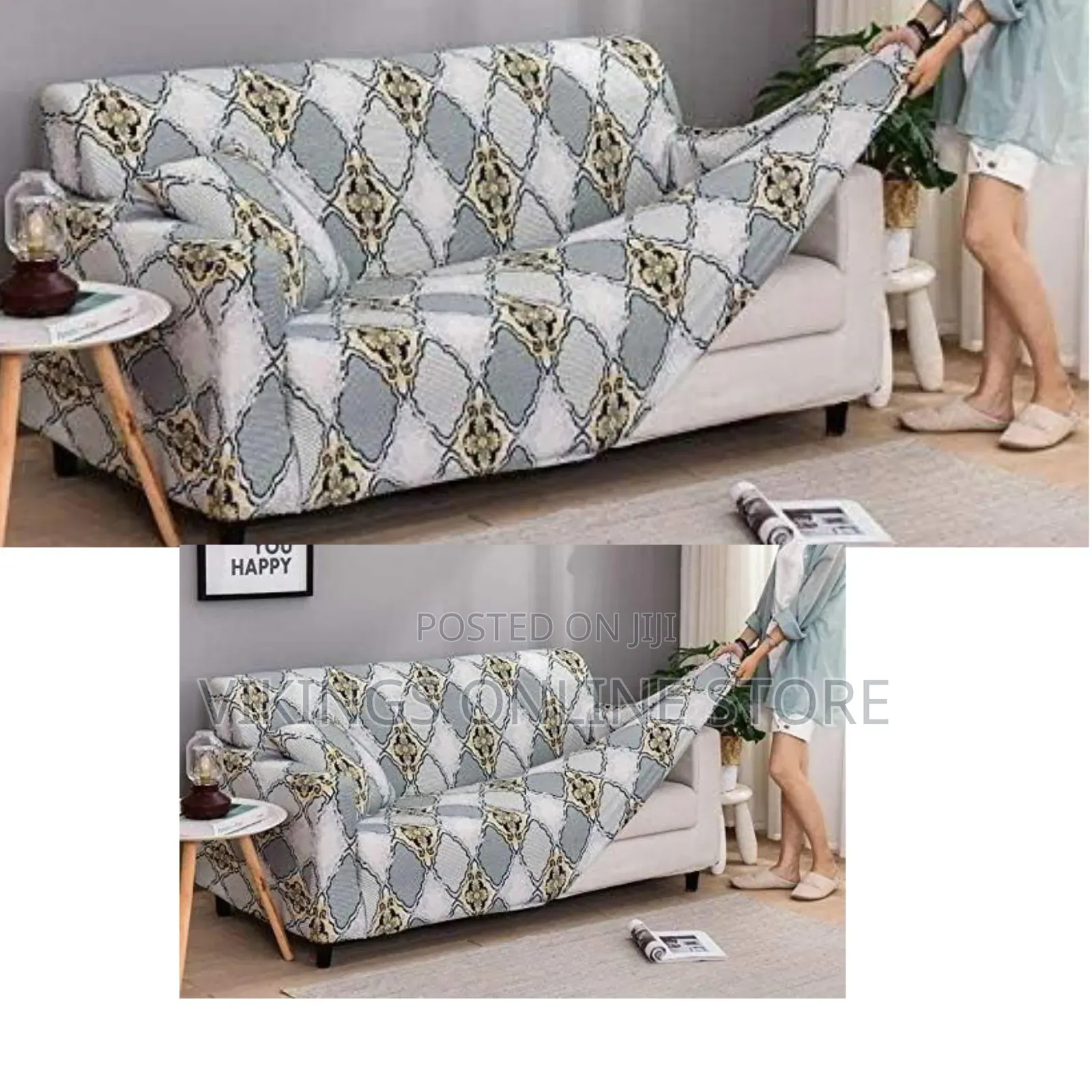 High-Stretch Geometric Print Sofa Slipcover Being Tucked Into Place