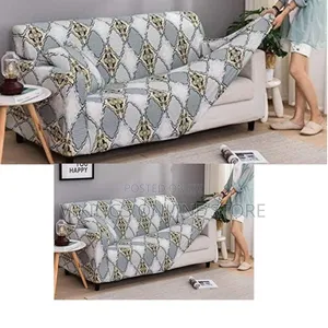 High-Stretch Geometric Print Sofa Slipcover Being Tucked Into Place