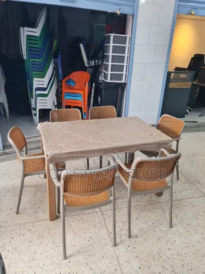 Symmetrical 6 People Plastic Table and Chairs Plastic Table and Chairs