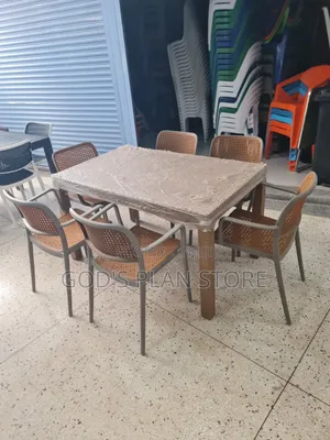 Symmetrical 6 People Plastic Table and Chairs Plastic Table and Chairs