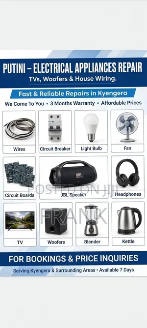 TV,woofas,flat Irons,blenders, Repairing Spares and Repairing Services
