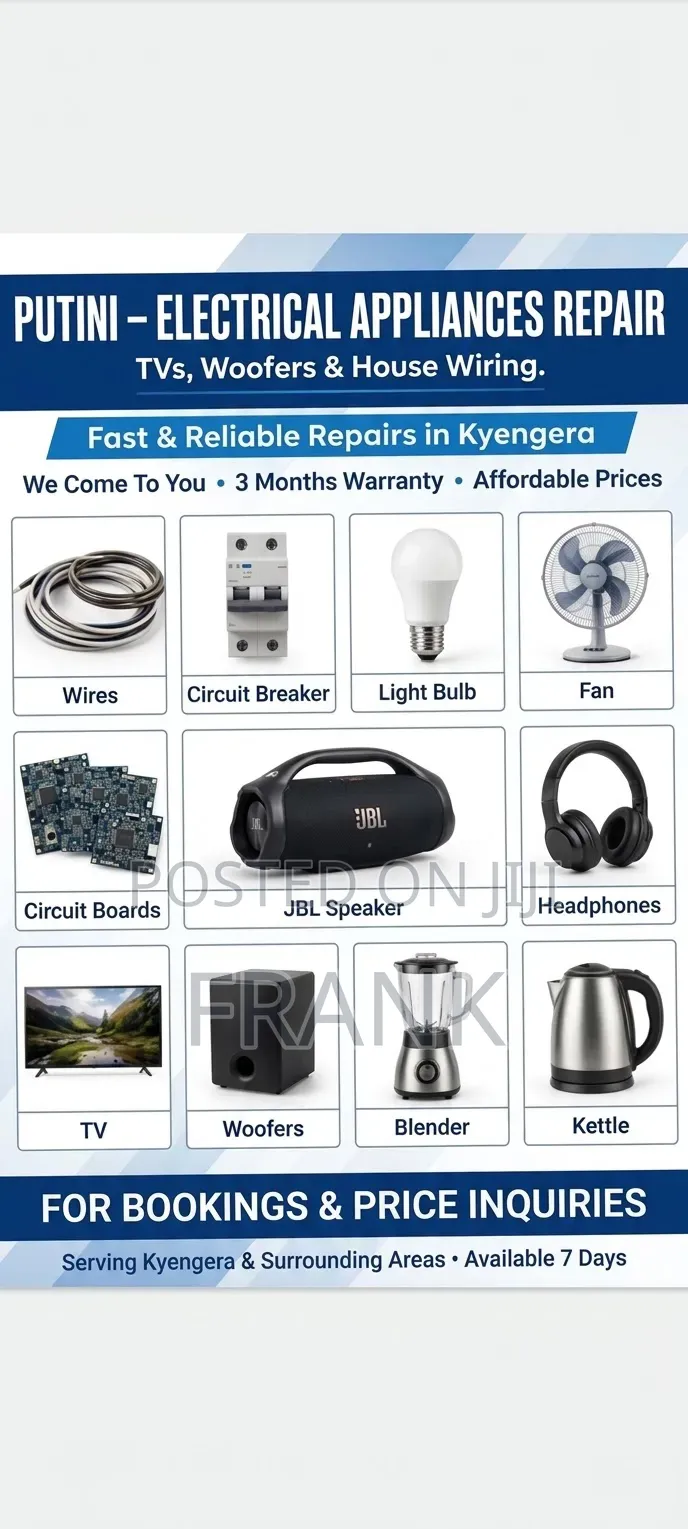 TV,woofas,flat Irons,blenders, Repairing Spares and Repairing Services