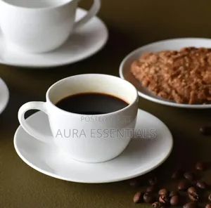 White Ceramic Espresso Cups and Saucers Set – 6 Cups 6 Saucers