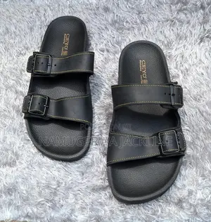 Leather Double Buckle Slide Sandal - Black