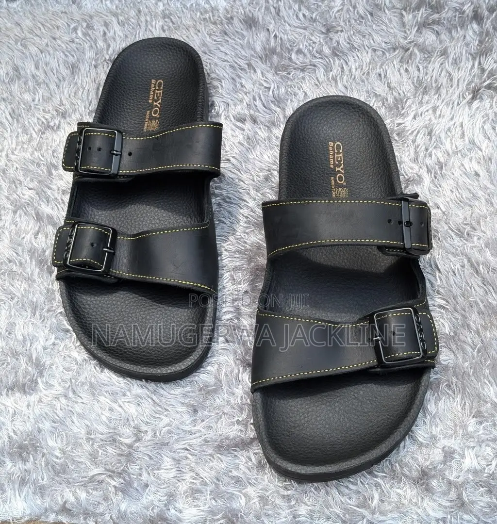Leather Double Buckle Slide Sandal - Black