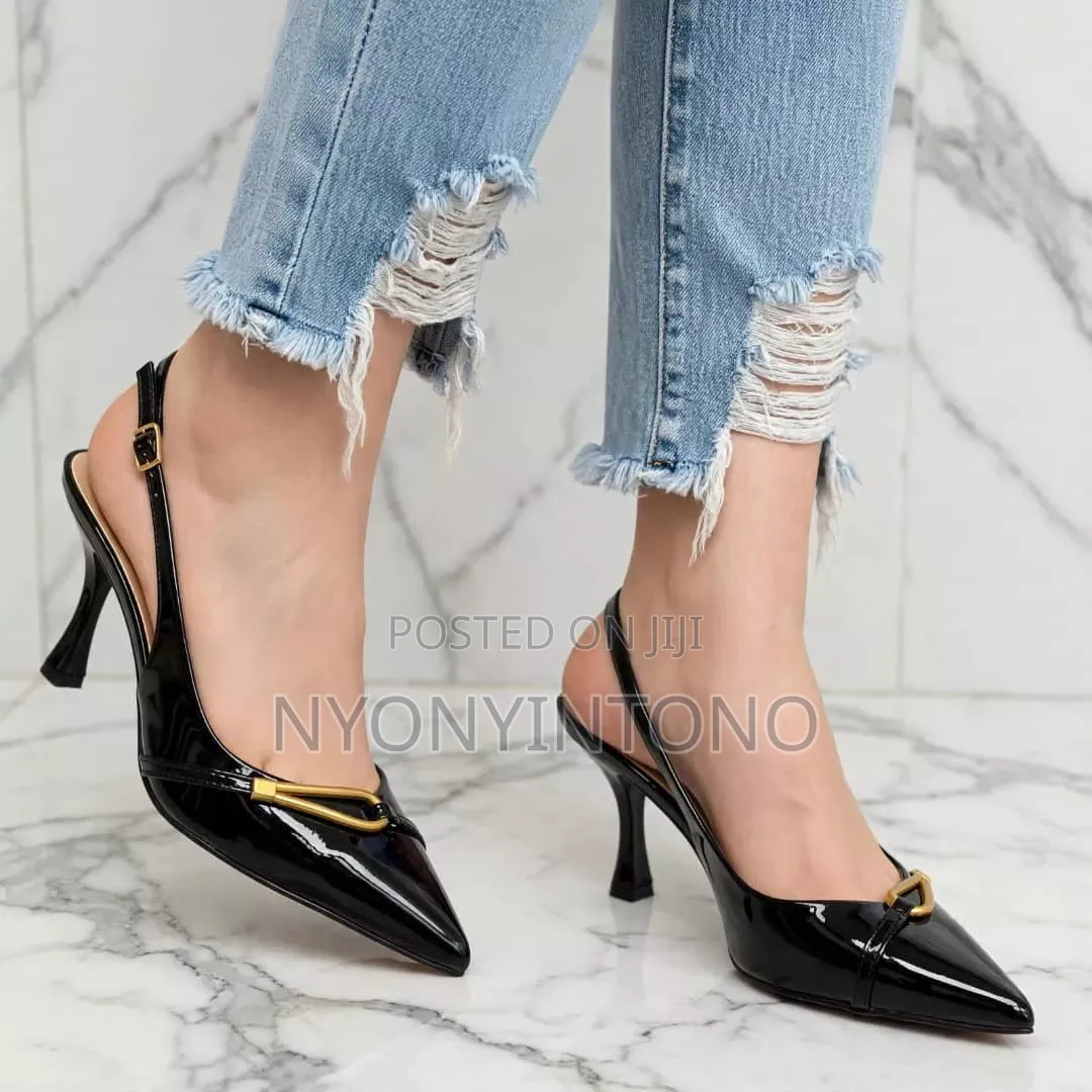 Patent Sling Back Kitten With Gold Buckle