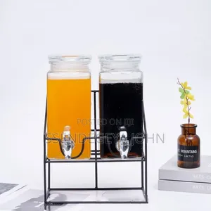 Double Glass Beverage Dispenser Set With Metal Stand.