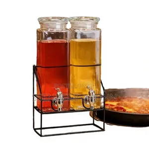 Double Glass Beverage Dispenser Set With Metal Stand.