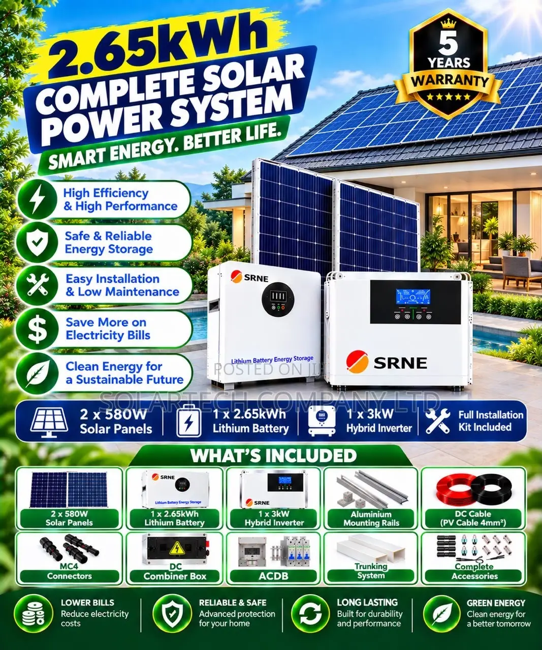 SRNE 3kW Hybrid Solar System – 2.65kWh Lithium Battery