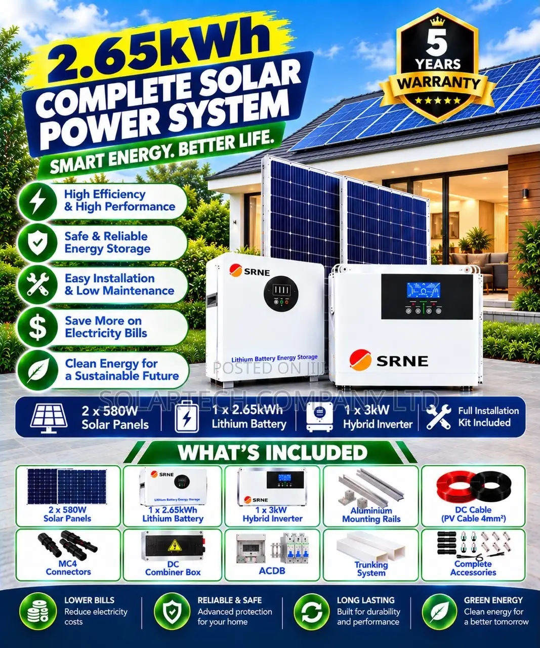 SRNE 3kW Hybrid Solar System – 2.65kWh Lithium Battery