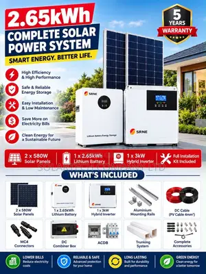 SRNE 3kW Solar System With 2×580W Panels 2.65kWh 24v Battery