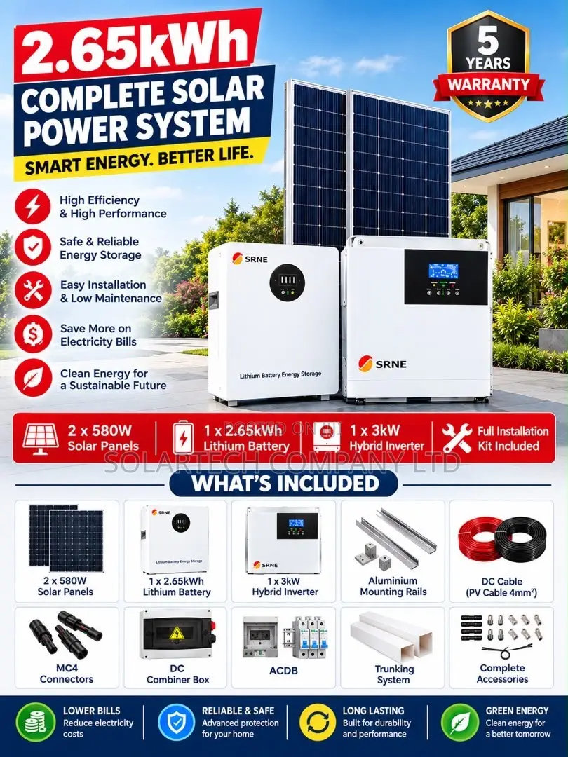 SRNE 3kW Solar System With 2×580W Panels 2.65kWh 24v Battery