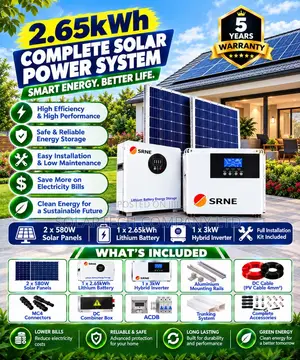 SRNE 3kW Solar System With 2×580W Panels 2.65kWh 24v Battery